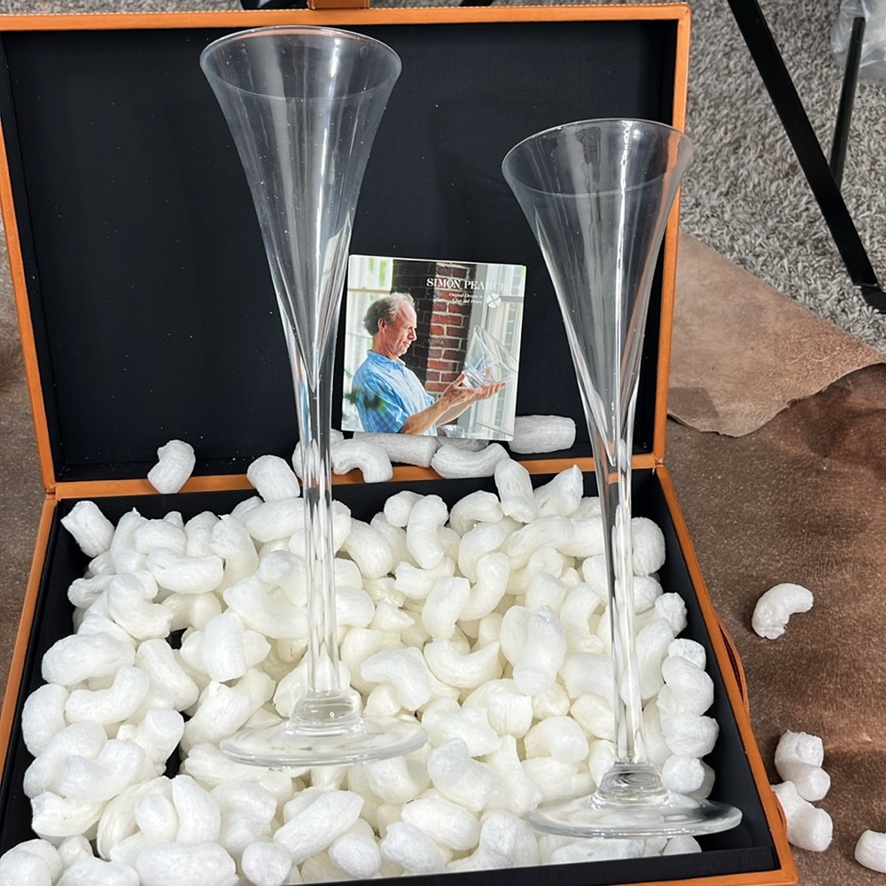 2 Simon Pearce 2000 YR Millenium Champagne Glass in Leather Keepsake Box